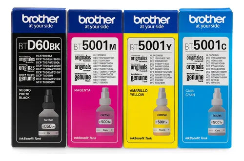 Kit 4 Botellas de Tinta Brother BT5001Y/M/C BTD60BK Originales (Negro, Cian, Magenta y Amarillo)