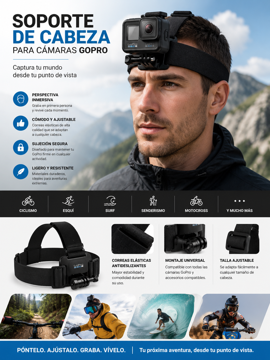 Soporte de Cabeza Ajustable para Cámaras GoPro Original