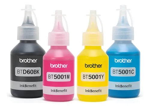 Kit 4 Botellas de Tinta Brother BT5001Y/M/C BTD60BK Originales (Negro, Cian, Magenta y Amarillo)